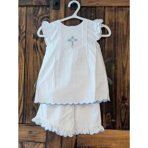 NEW Abby & Evie Girls sz 5 Boutique White Blue Easter Cross 2 Pc Set Embroidered
